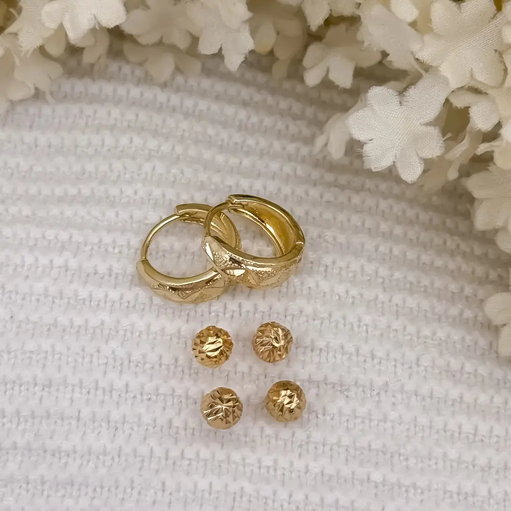 Juego de Candongas Diamantada Mediana + Topo Balin Diamantado de 4mm - 5mm en Oro Laminado 18k con Garantia de por vida