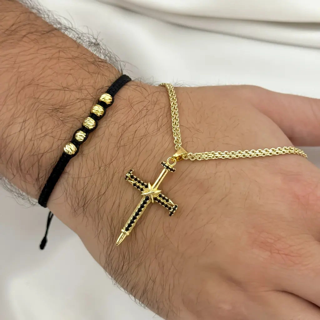Cadena Tejido Chino 60cm -3mm + Dije Cruz Clavo Cruz + Pulsera Balin Italaino 6mm en Oro Laminado 18k
