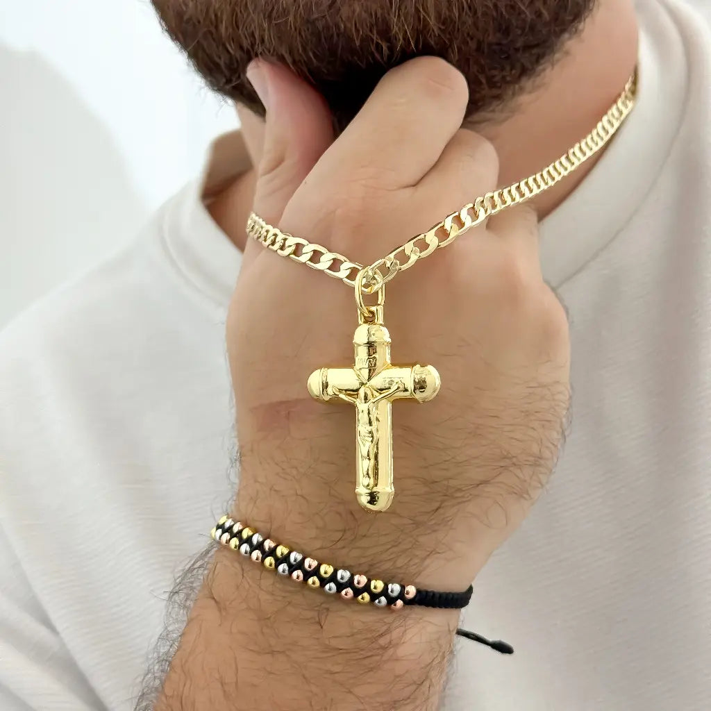 Juego de Cadena Cubana 60cm -5mm de Grosor + Cristo madero Proteccion + Pulsera Doble Carril Balin 4mm en Oro Laminado 18k con Garantia de por vida
