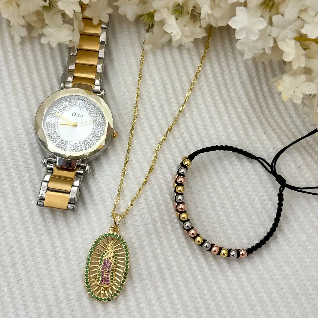 Cadena Tejido Singapur 45cm + Virgen Guadalupe con Circones Verde + Pulsera Doble Balin 4mm de 3 Oros en Oro Laminado 18k + Reloj Dior con garantia de por Vida