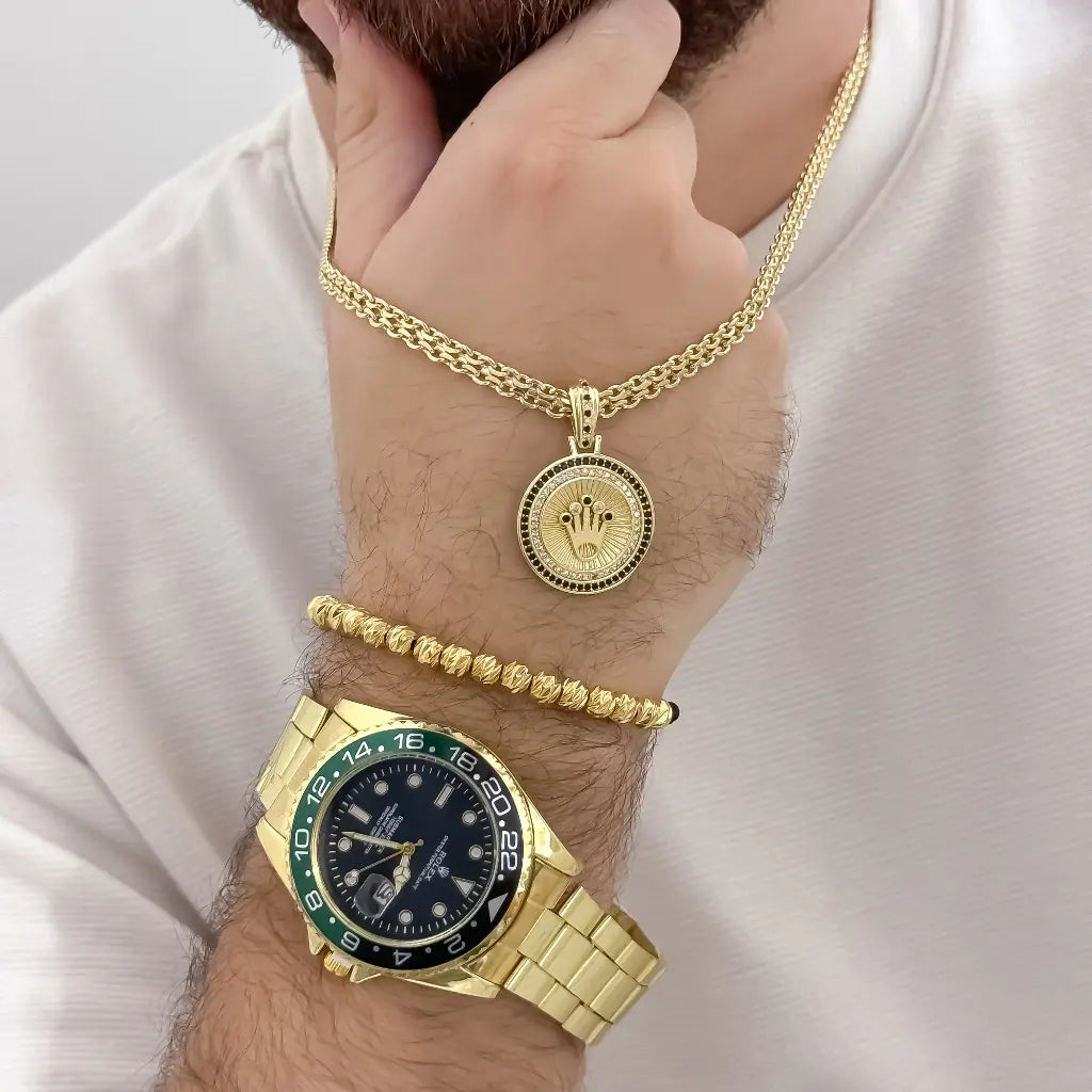 Juego de Cadena Tejido Chino de Hombre de 60cm de 4mm de Grosor + Dije de Corona Rolex + Pulsera balin Italiano de 6mm en Oro Laminado 18k con Garantía de por vida + Reloj de Alta Gama