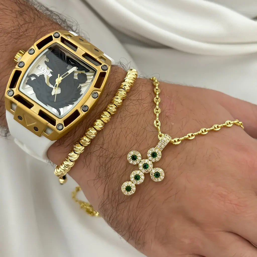 Cadena Tejido Gucci 60cm + Dije Cruz Cristo Circones Verde + Pulsera Balin Itlaino 6mm + Reloj Guess con Garantia