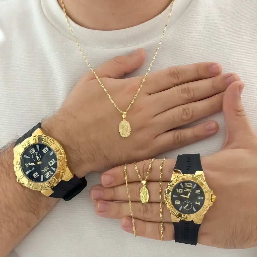 Juego de Cadena para Parejas Tejido Singapur Virgen de Guadalupe Dama de 45cm + Hombre de 60cm + Reloj de Parejas Invicta en Oro Laminado 18k con Garantia de por vida