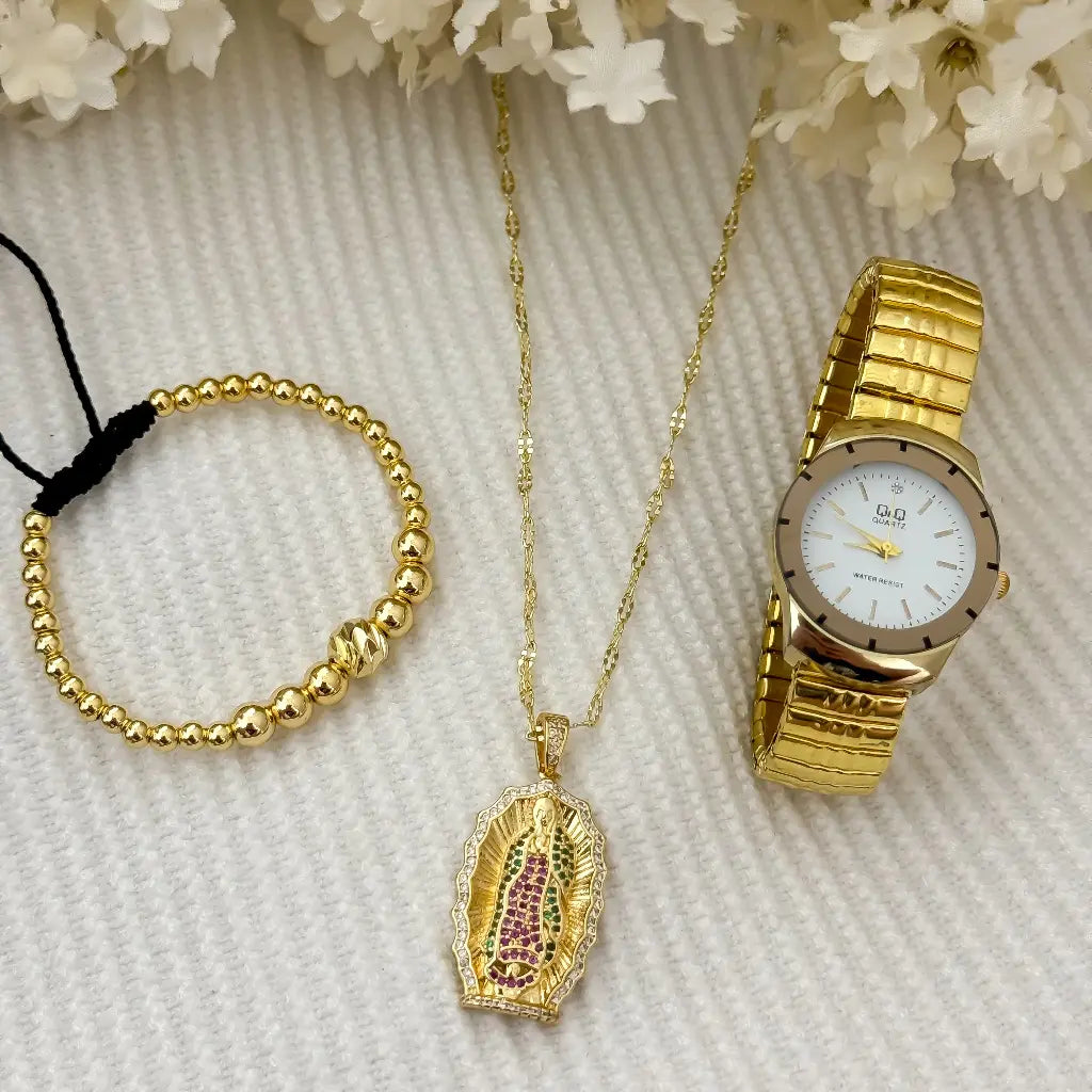 Cadena Tejido Crispeta + Virgen Guadalupe Talla con Micro Circones + Pulser Full Balines 4mm en Oro Laminado 18k + Reloj de Dama Alta Gama Q&Q con Garantia de por vida