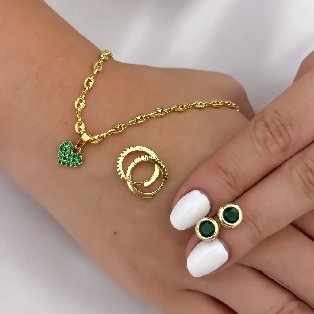 Juego de Cadena Tejido Gucci de Dama de 3mm de Grosor + Corazon Verde esmeralda + Topo Verde esmeralda + Candongas Verde Esmeralda en Oro Laminado 18k con garantia de por vida