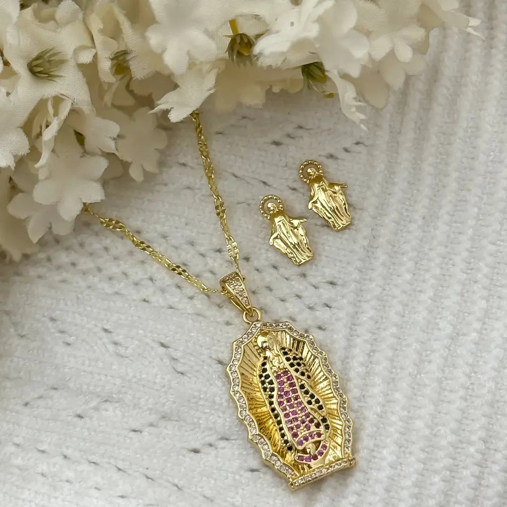 Juego para Dama Cadena virgen guadalupe Con circones + Topos en Oro laminado 18k