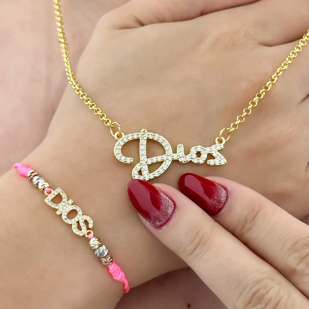 Collar para Dama Dije de Dios + Pulsera de Dios en Baño de Oro de 14k con Garantia de por vida