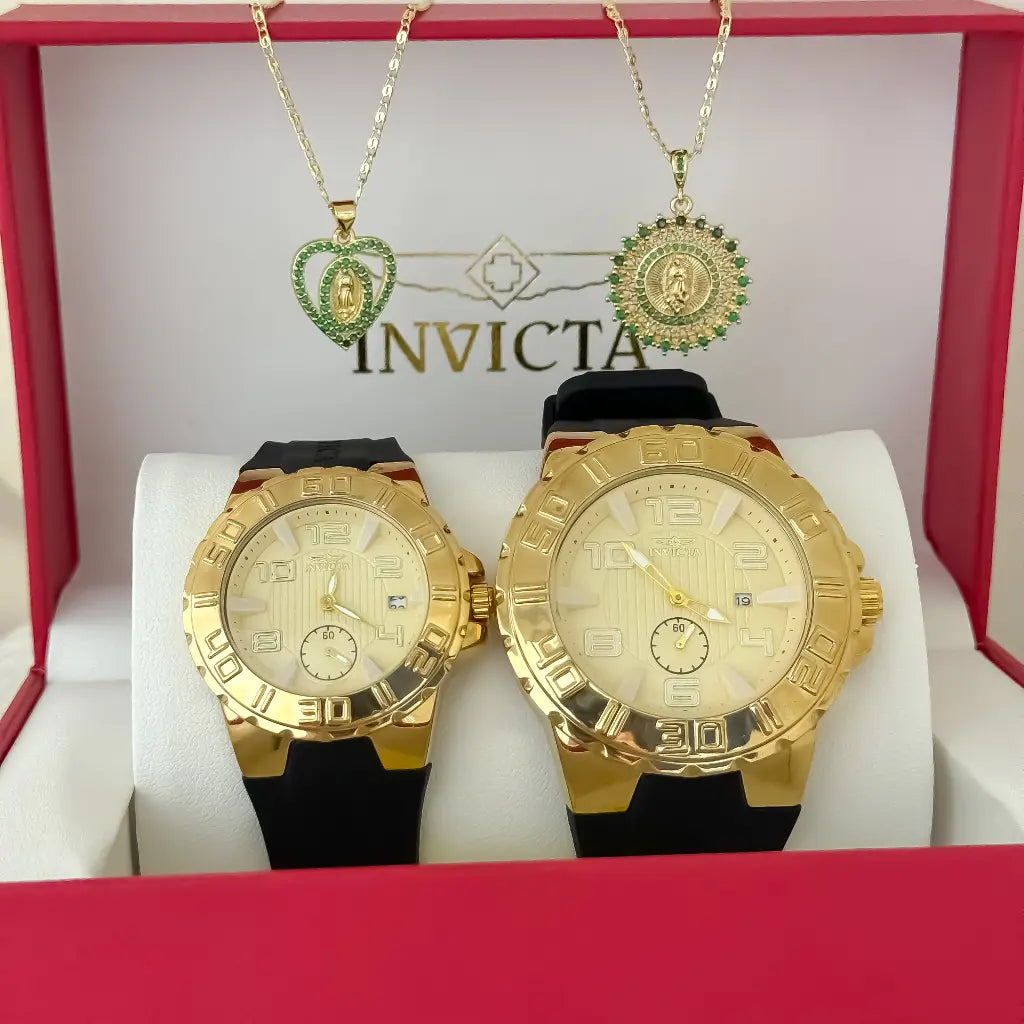 Juego de Cadenas para Parejas Tejido Caracol Hombre 60cm + Dama de 45cm + Dije de virgen guadalupe con micro Circonia en Oro laminado 18k con Garantia de por vida + Reloj Invicta de Parejas con Garantia de por vida