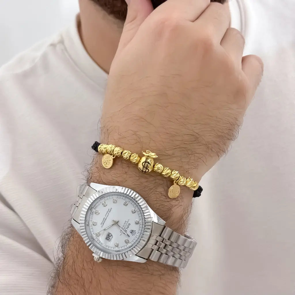 Manilla Abundancia Y Proteccion de San Miguel y San Benito Balin italiano de 4mm con bolsa de dinero en Oro Laminado 18k con Garantia de por vida + Reloj de Alta Gama en oro laminado 18k con garantia de por vida