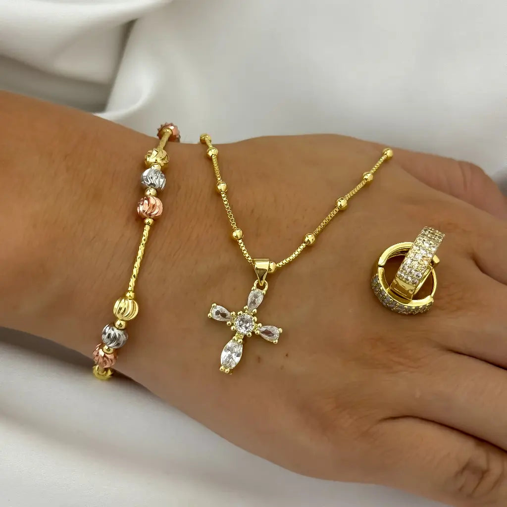 Juego de Dama Cadena Veneciana Doble Balin + Cruz circones + Pulsera Balin italaino de 4mm + Candongas con micro circón en Oro Laminado 18k con Garantia de por vida