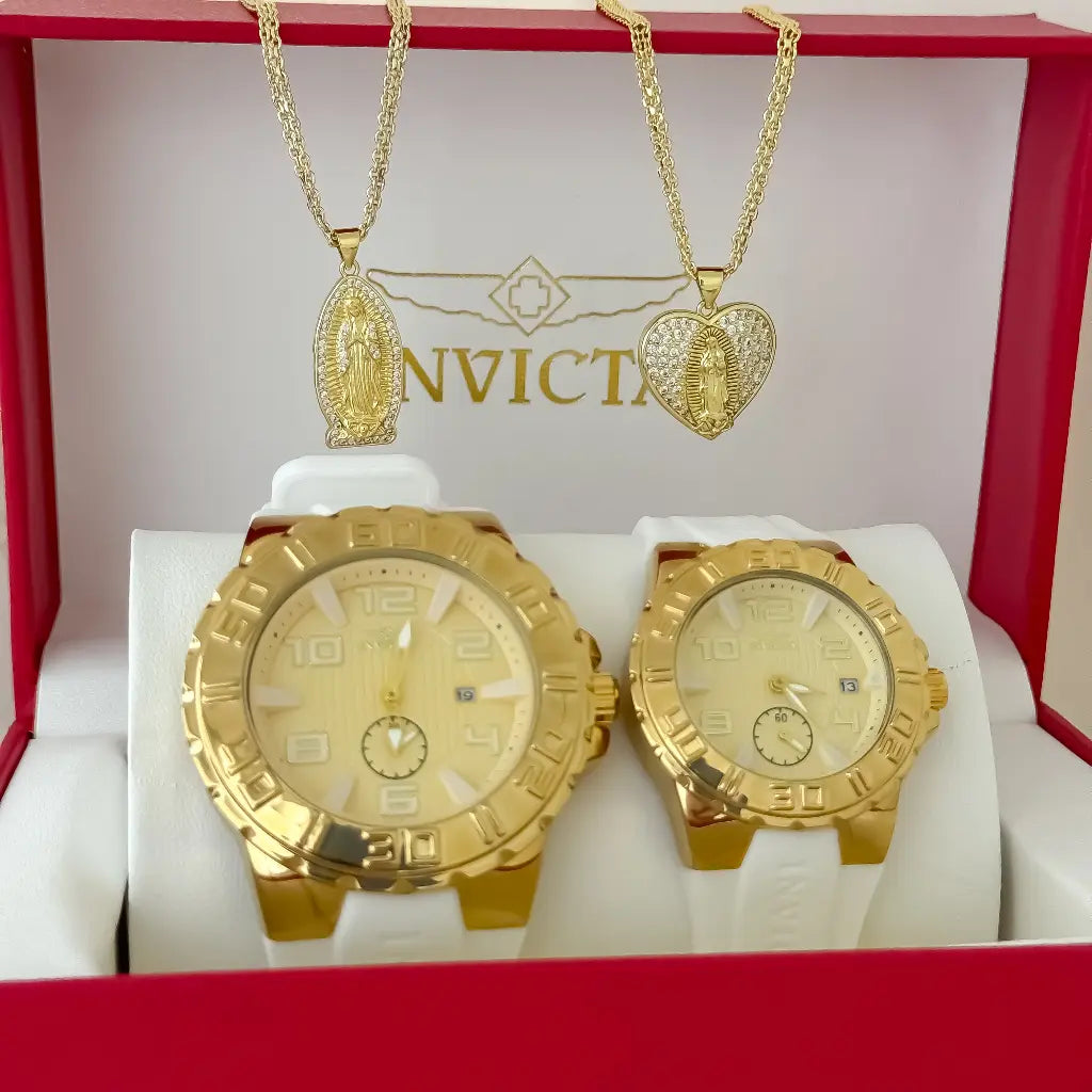 Juego de Cadenas para Parejas Tejido Chino Hombre 60cm + Dama 45cm + Dije de Virgen Guadalupe Proteccion en Oro Laminado 18k con Garantia de por vida + Reloj Invicta de parejas con Garantia