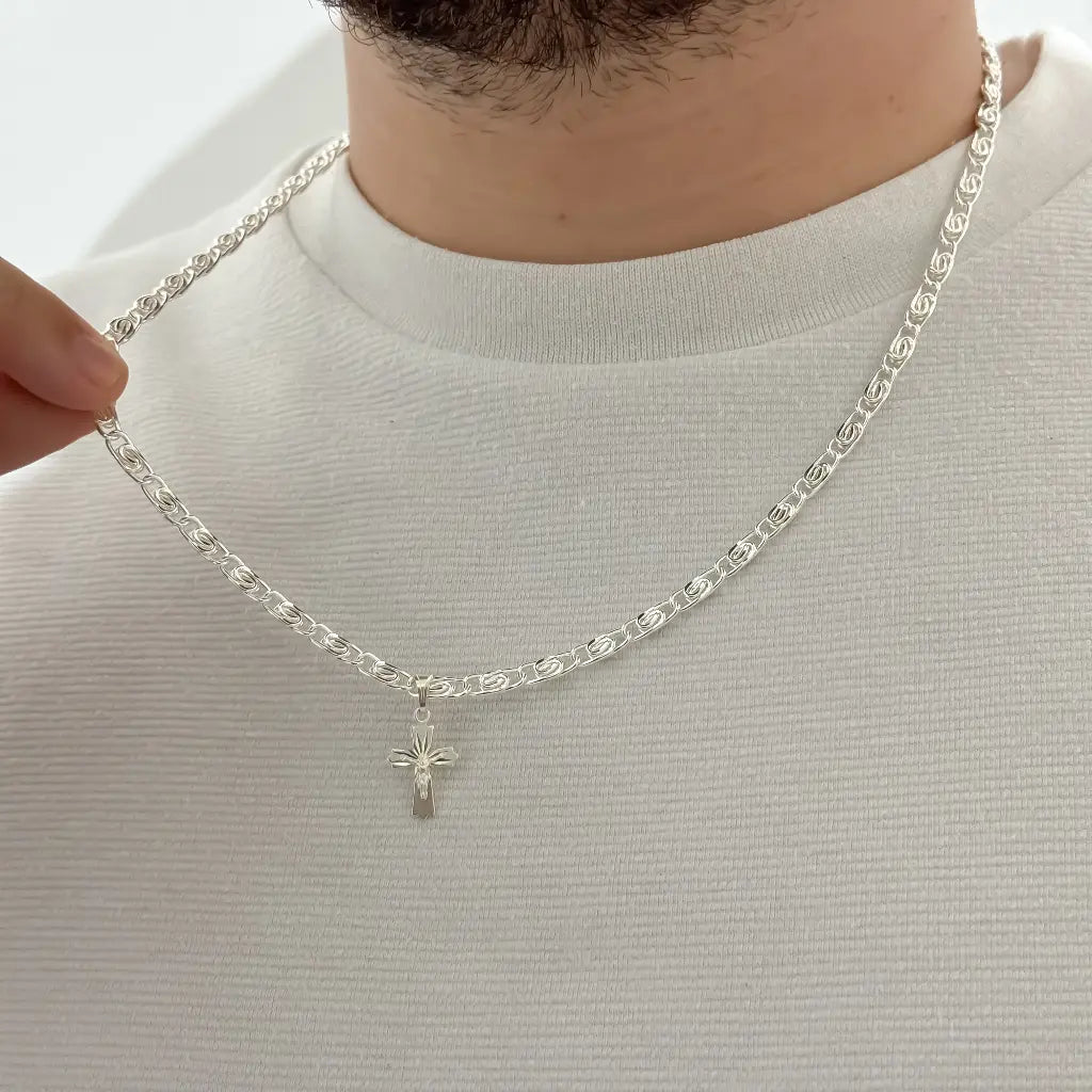 Cadena Tejido Caracol 60CM + Cruz Trebol Cristo Madero en Plata 925 con Garantia de por vida