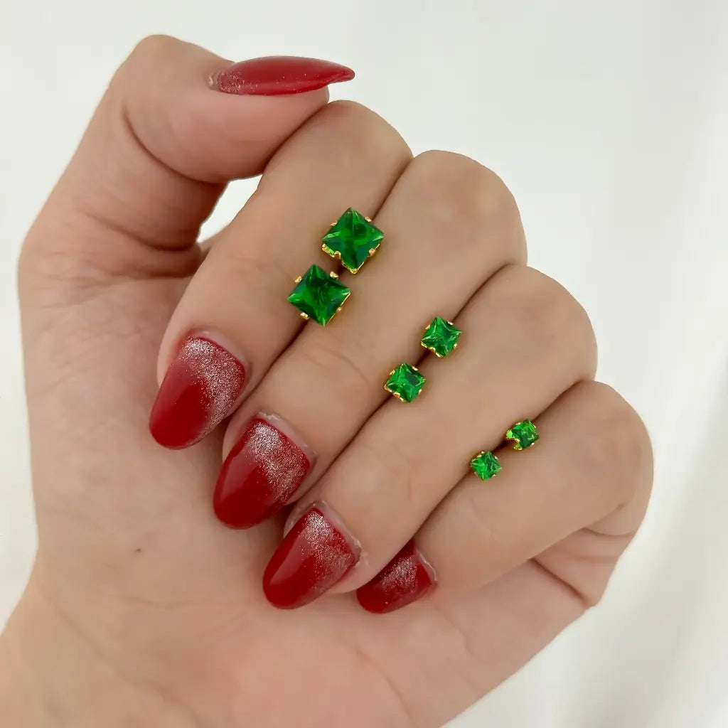 Juego de 3 Topos Cuadrados Verde Esmeralda en Oro Laminado 18k con Garantia de por vida