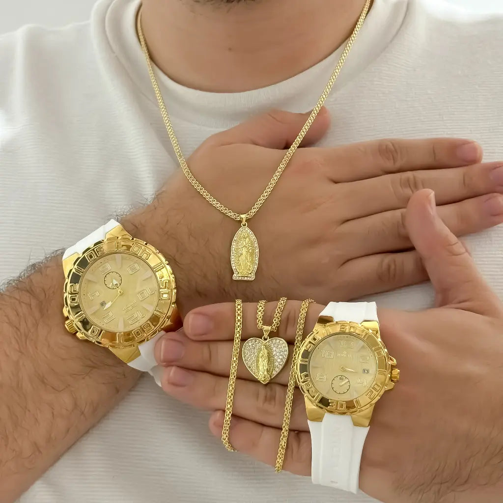 Juego de Cadenas para Parejas Tejido Chino Hombre 60cm + Dama 45cm + Dije de Virgen Guadalupe Proteccion en Oro Laminado 18k con Garantia de por vida + Reloj Invicta de parejas con Garantia