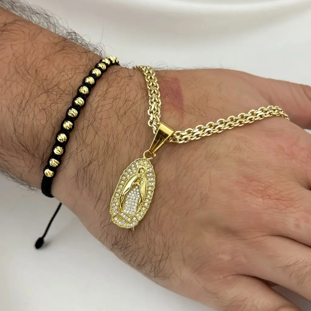 Conjunto Cadena Tejido Chino 60cm -5mm de Grosor + Virgen Guadalupe con Circones + Pulsera Balin italiano 5mm en Oro Laminado 18k con Garantia de por vida