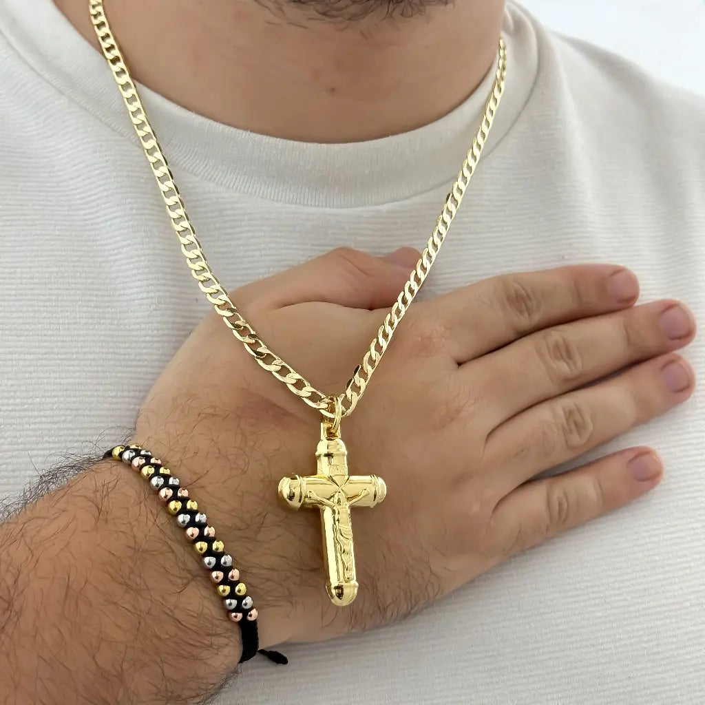 Juego de Cadena Cubana 60cm -5mm de Grosor + Cristo madero Proteccion + Pulsera Doble Carril Balin 4mm en Oro Laminado 18k con Garantia de por vida