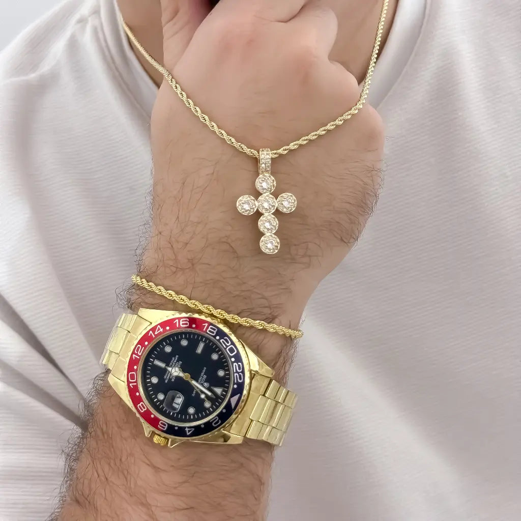 Cadena Tejido Lazo de Hombre de 60cm de 3mm de Grosor + Cruz Cristo con Circones Cristales de Pidras swarosky +Pulsera Lazo de 20cm de 3mm Grosor en oro Laminado |18k con Garantía de por vida + Reloj Rolex de Alta Gama con Garantia