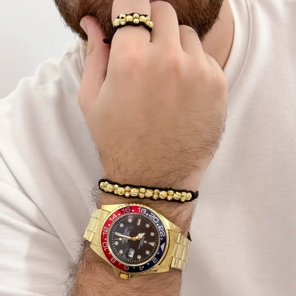 Juego de Pulsera Doble Carril de Balin Italaino de 4mm + Anillo Tejido Balin Italiano de 4mm en Oro Laminado 18k con Garantia de por vida + Reloj Rolex de Alta Gama 1.1 con Garantia