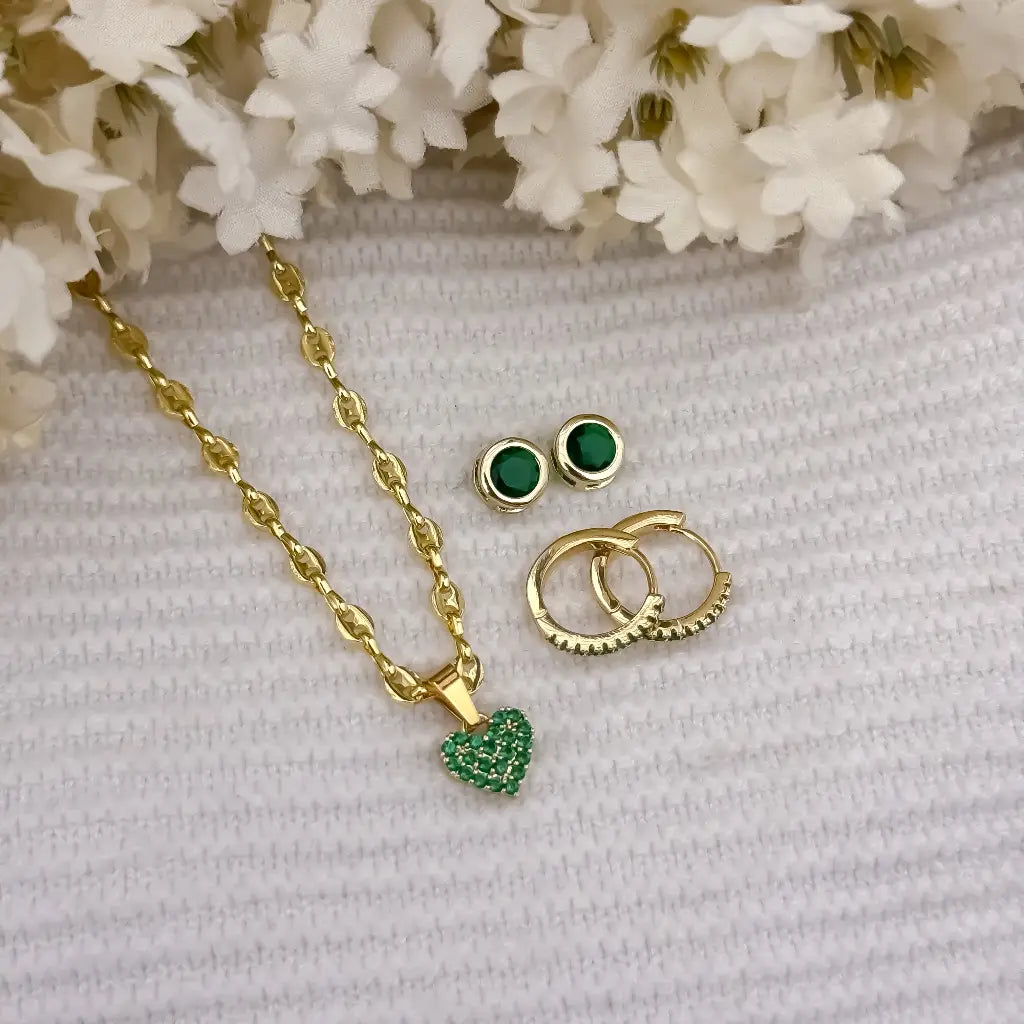Juego de Cadena Tejido Gucci de Dama de 3mm de Grosor + Corazon Verde esmeralda + Topo Verde esmeralda + Candongas Verde Esmeralda en Oro Laminado 18k con garantia de por vida