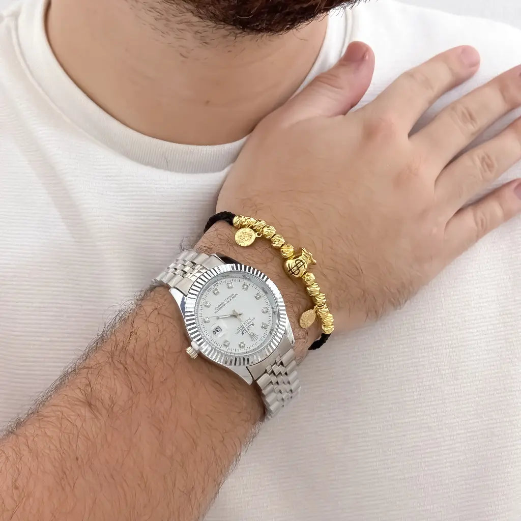 Manilla Abundancia Y Proteccion de San Miguel y San Benito Balin italiano de 4mm con bolsa de dinero en Oro Laminado 18k con Garantia de por vida + Reloj de Alta Gama en oro laminado 18k con garantia de por vida