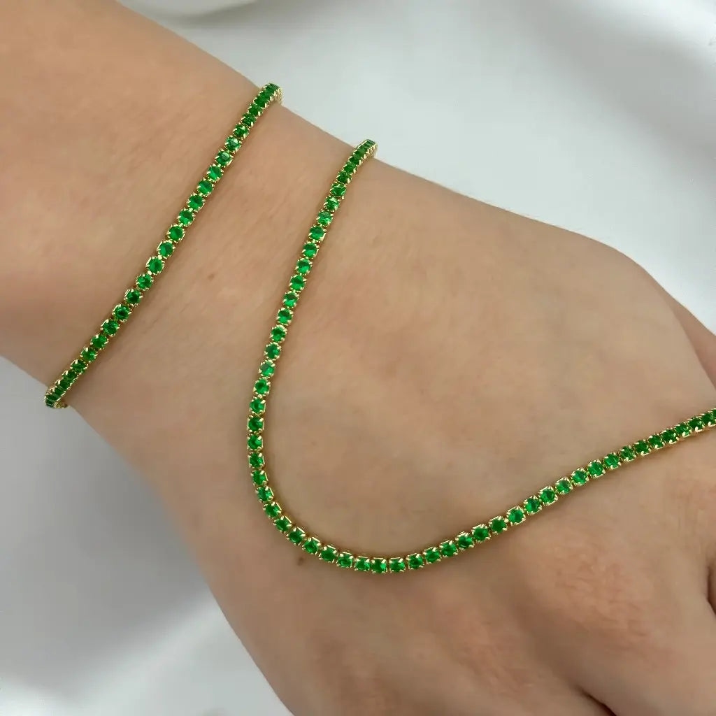 Juego de Cadena Tejido Tennis Verde Esmeralda + Pulsera verde Esmeralda en Oro Laminado 18k con Garantia de por vida
