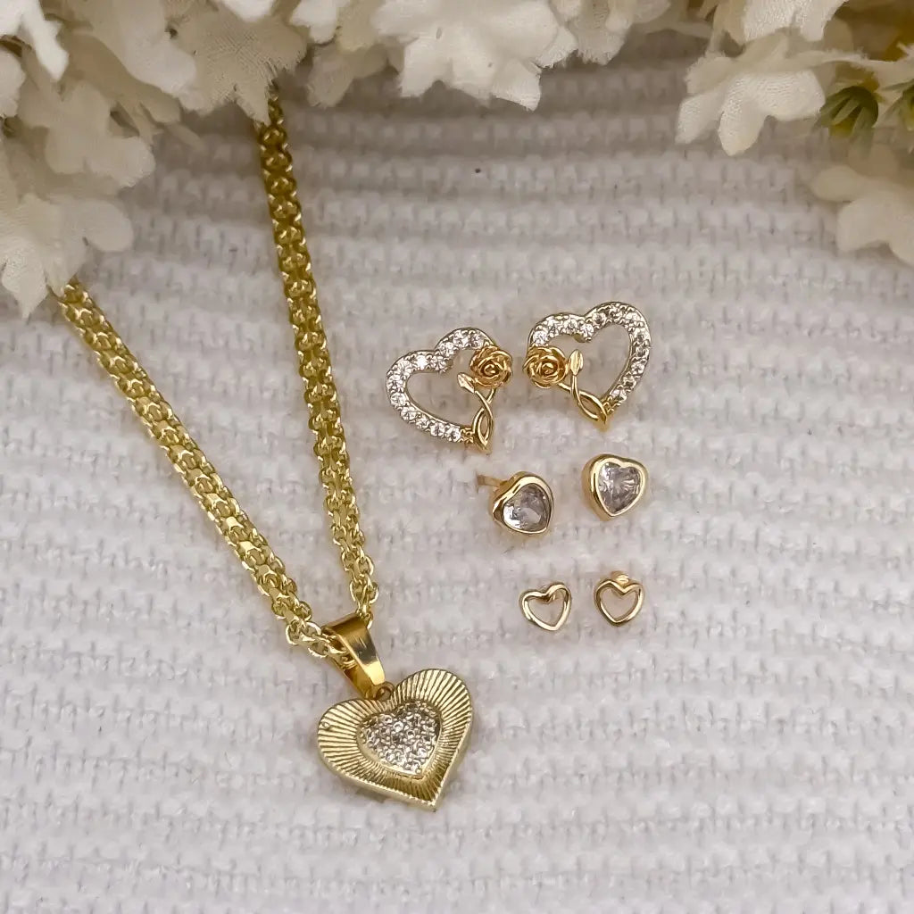 Juego de Set de Cadena Tejido Chino de Dama de 45cm + Dije de Corazon con Micro circones + Set de Topos X 3 en los 3 Tamaños en Oro Laminado 18k con Garantia de por vida
