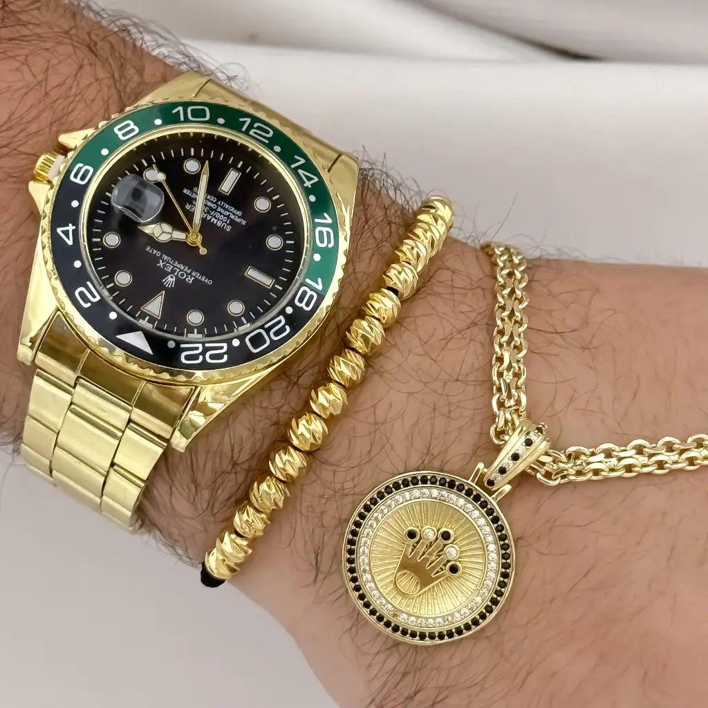 Juego de Cadena Tejido Chino de Hombre de 60cm de 4mm de Grosor + Dije de Corona Rolex + Pulsera balin Italiano de 6mm en Oro Laminado 18k con Garantía de por vida + Reloj de Alta Gama