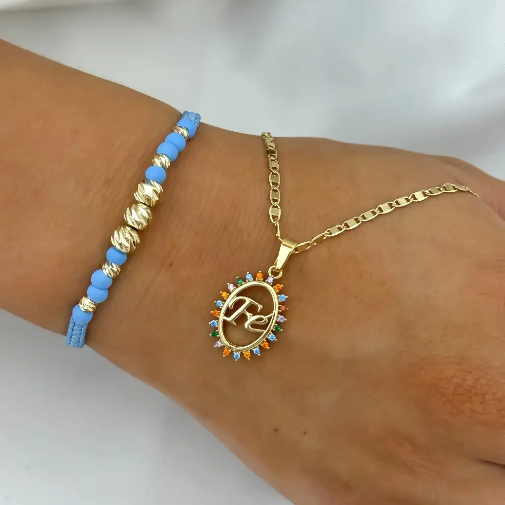 Cadena Tejido Escalera Plana + Dije de Fe con circones + Pulsera Balin Italaino en Oro Laminado 18k con Garantia de por vida