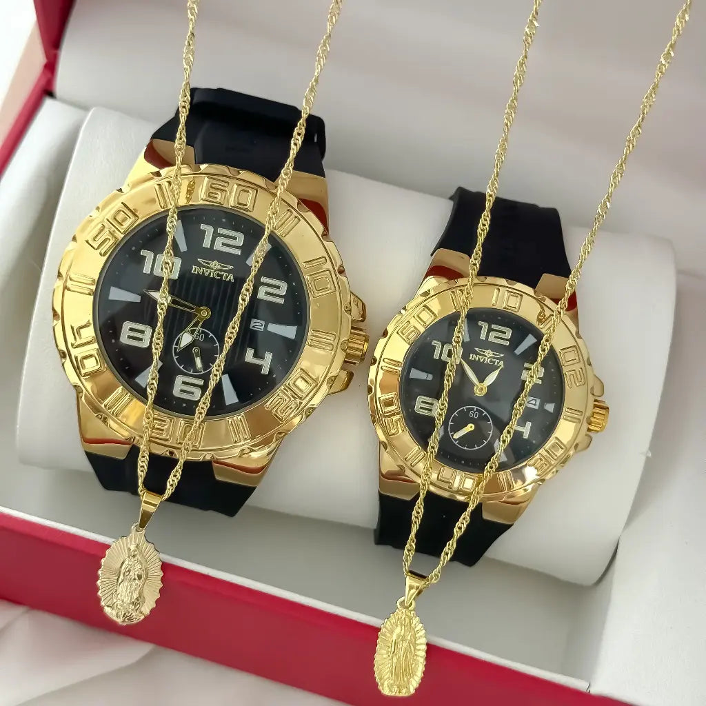 Juego de Cadena para Parejas Tejido Singapur Virgen de Guadalupe Dama de 45cm + Hombre de 60cm + Reloj de Parejas Invicta en Oro Laminado 18k con Garantia de por vida