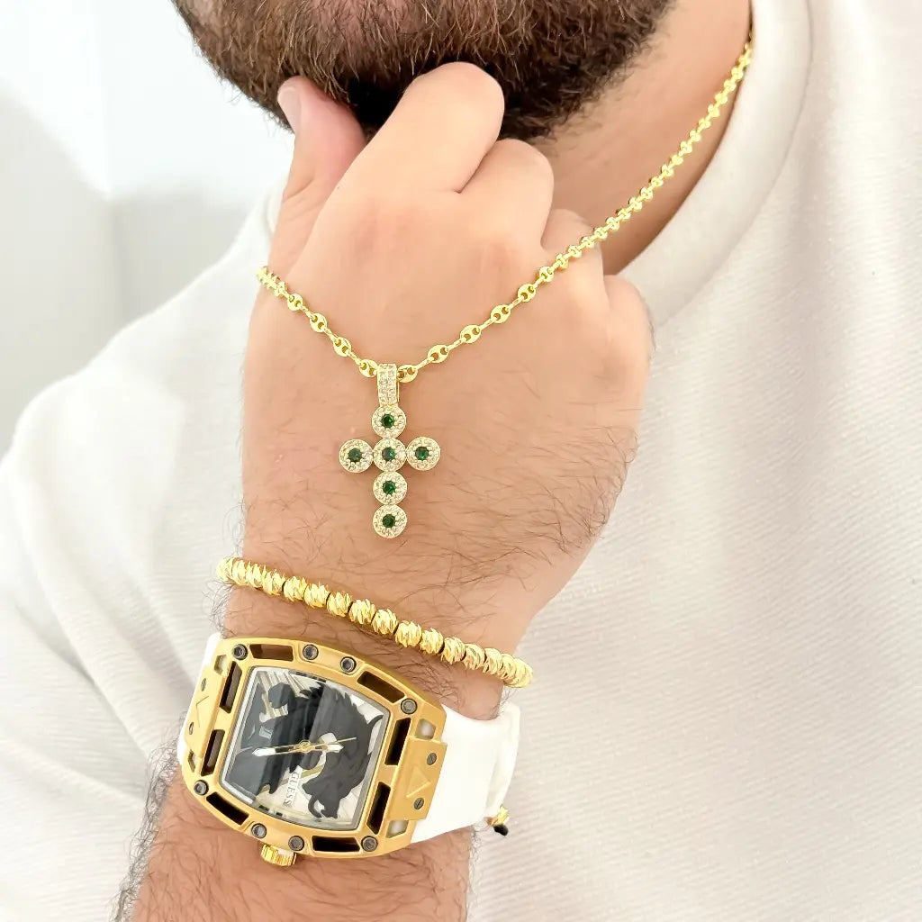 Cadena Tejido Gucci 60cm + Dije Cruz Cristo Circones Verde + Pulsera Balin Itlaino 6mm + Reloj Guess con Garantia