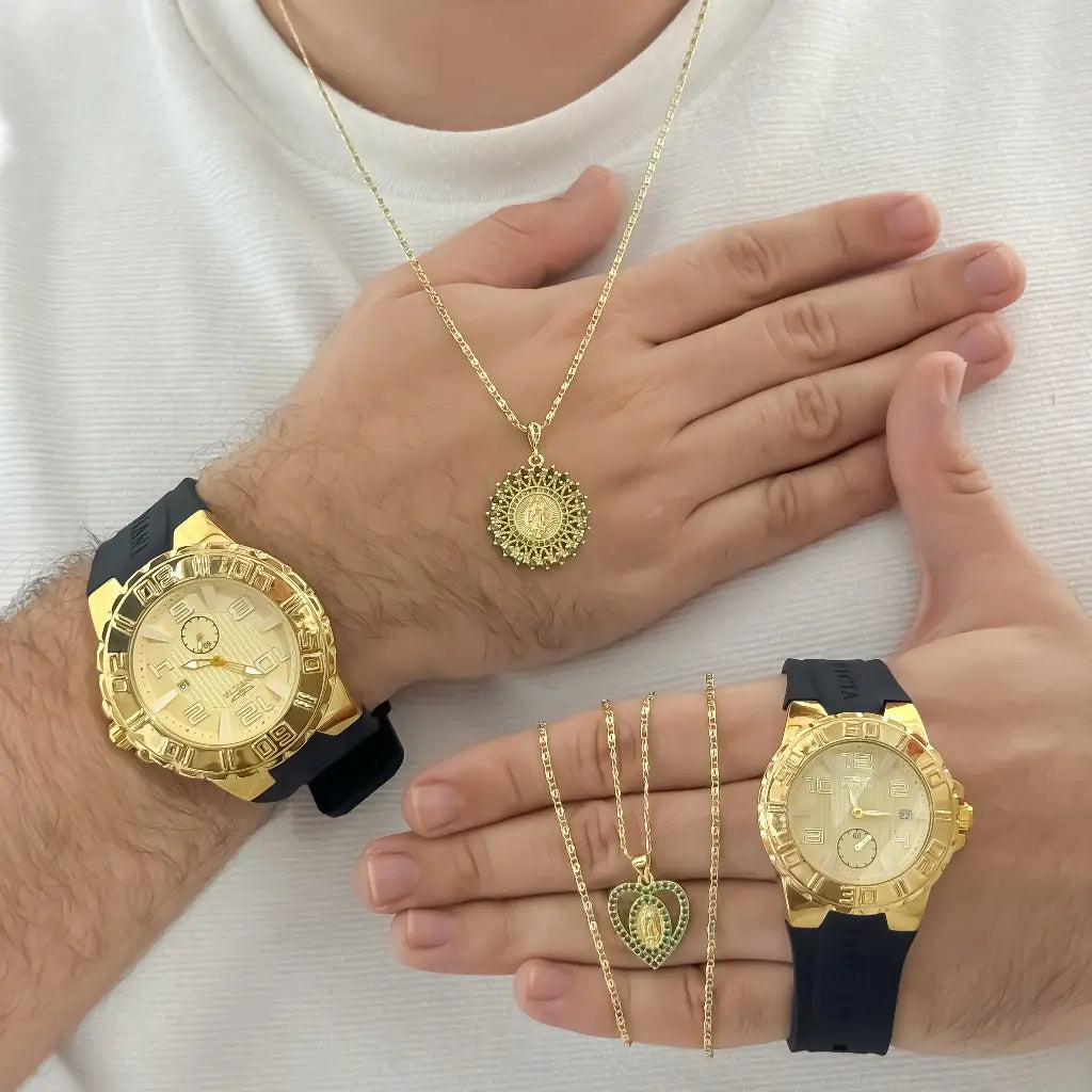 Juego de Cadenas para Parejas Tejido Caracol Hombre 60cm + Dama de 45cm + Dije de virgen guadalupe con micro Circonia en Oro laminado 18k con Garantia de por vida + Reloj Invicta de Parejas con Garantia de por vida