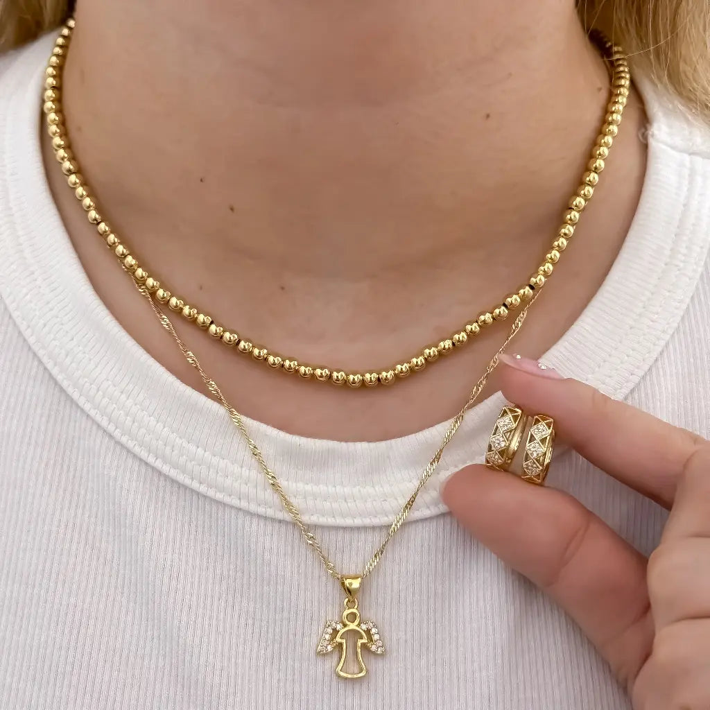 Conjunto para Dama de Cadena Militar de Dama en Choker de 40cm + Cadena Singapur de Dama de 50cm + Dije de Angel Protector + Candongas con micro circones en Oro Laminado 18k con Garantia de por vida
