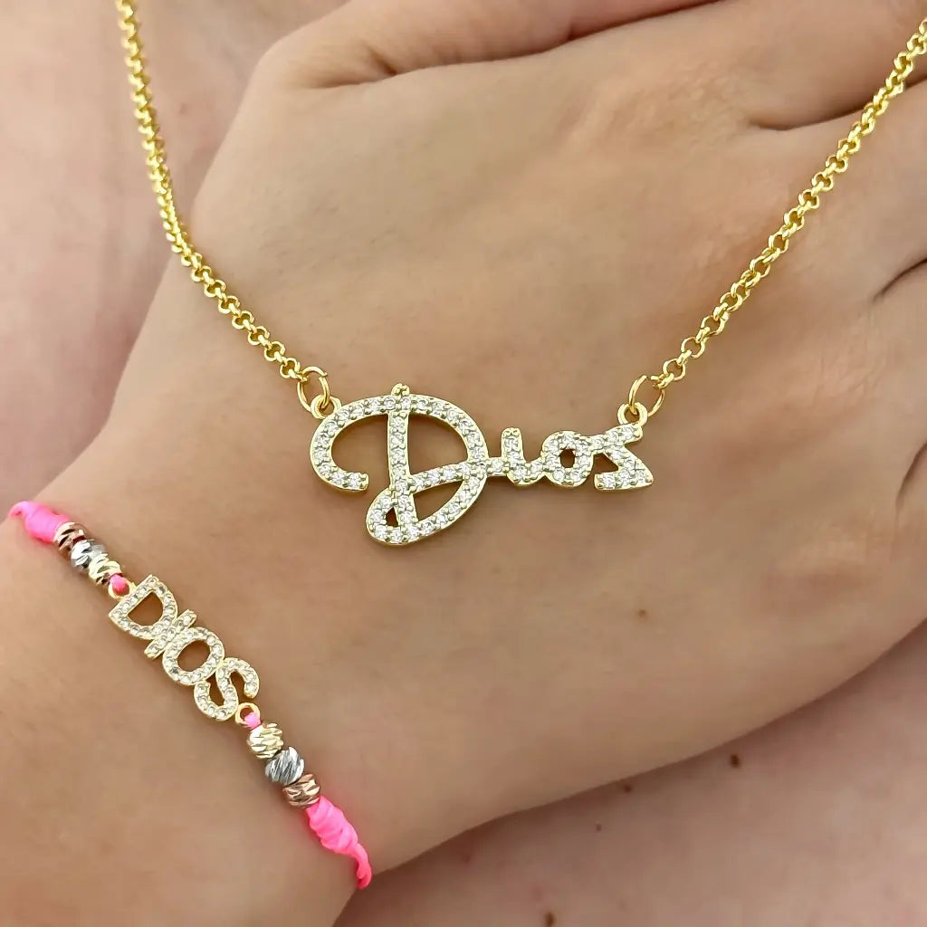 Collar para Dama Dije de Dios + Pulsera de Dios en Baño de Oro de 14k con Garantia de por vida