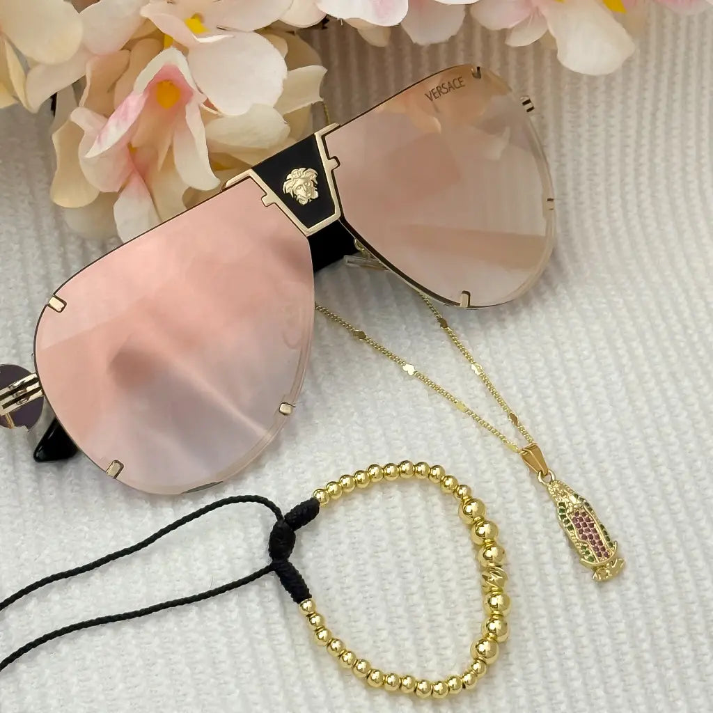 Cadena Tejido Cubana + Virgen Guadalupe con Circones + Pulsera Full Balin 4mm en Oro Laminado 18k con Garantia de por vida + Gafas Versace