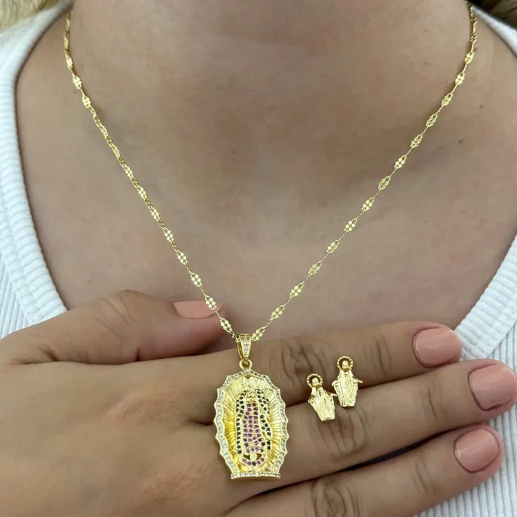 Juego para Dama Cadena virgen guadalupe Con circones + Topos en Oro laminado 18k
