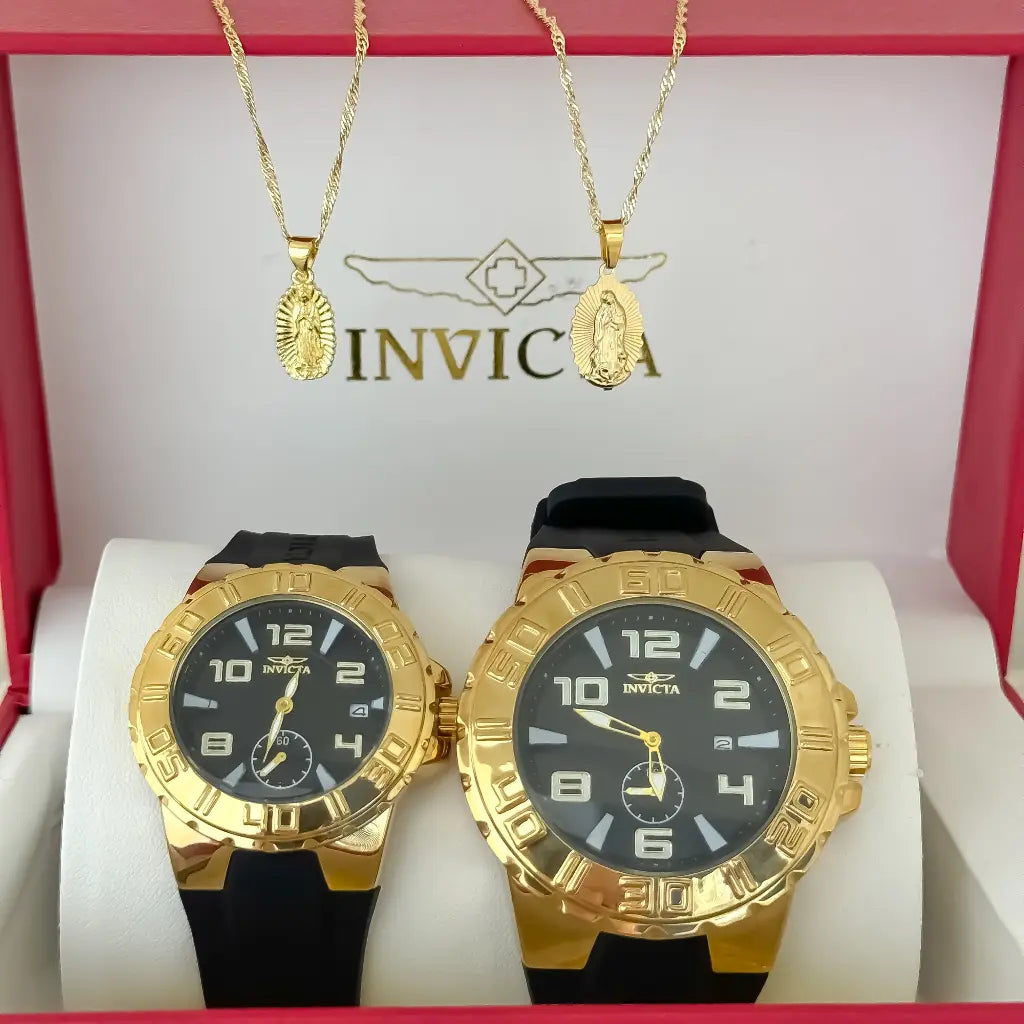 Juego de Cadena para Parejas Tejido Singapur Virgen de Guadalupe Dama de 45cm + Hombre de 60cm + Reloj de Parejas Invicta en Oro Laminado 18k con Garantia de por vida