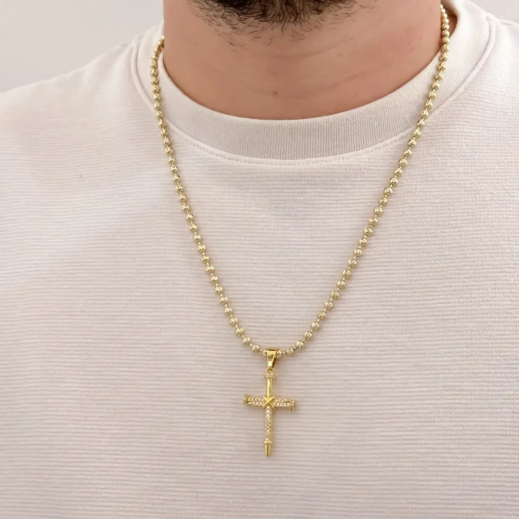 Cadena Tejido Militar de hombre de 60cm de 4.5mm de Grosor + Cruz Clavo de Micro circones Cristales en Oro Laminado 18k con Garantia de por vida
