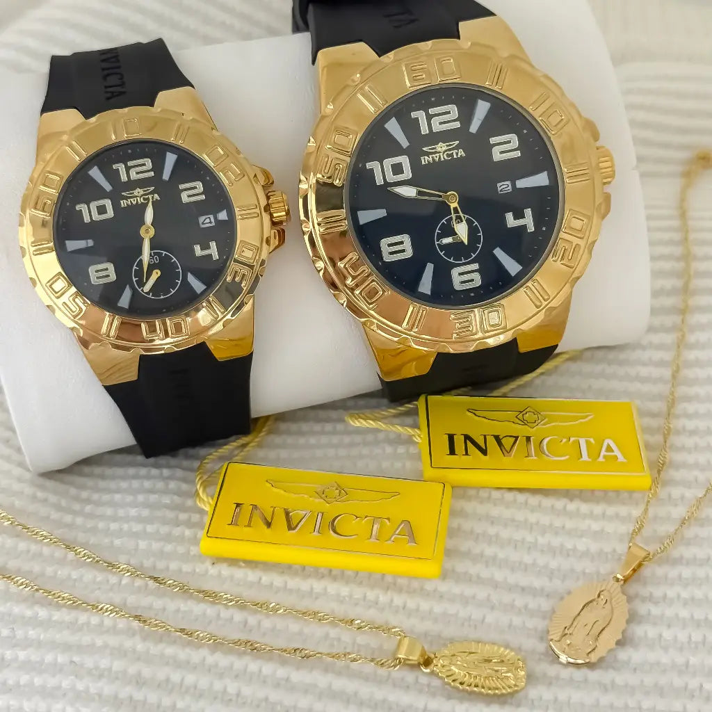 Juego de Cadena para Parejas Tejido Singapur Virgen de Guadalupe Dama de 45cm + Hombre de 60cm + Reloj de Parejas Invicta en Oro Laminado 18k con Garantia de por vida