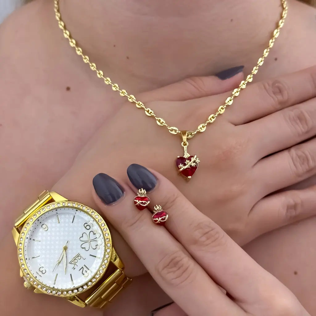 Juego de Corazon de jesus + Topos de Corazon de jesus con Cadena Tejido Gucci en Oro Laminado 18k con Garantía + Reloj de Dama de Alta Calidad