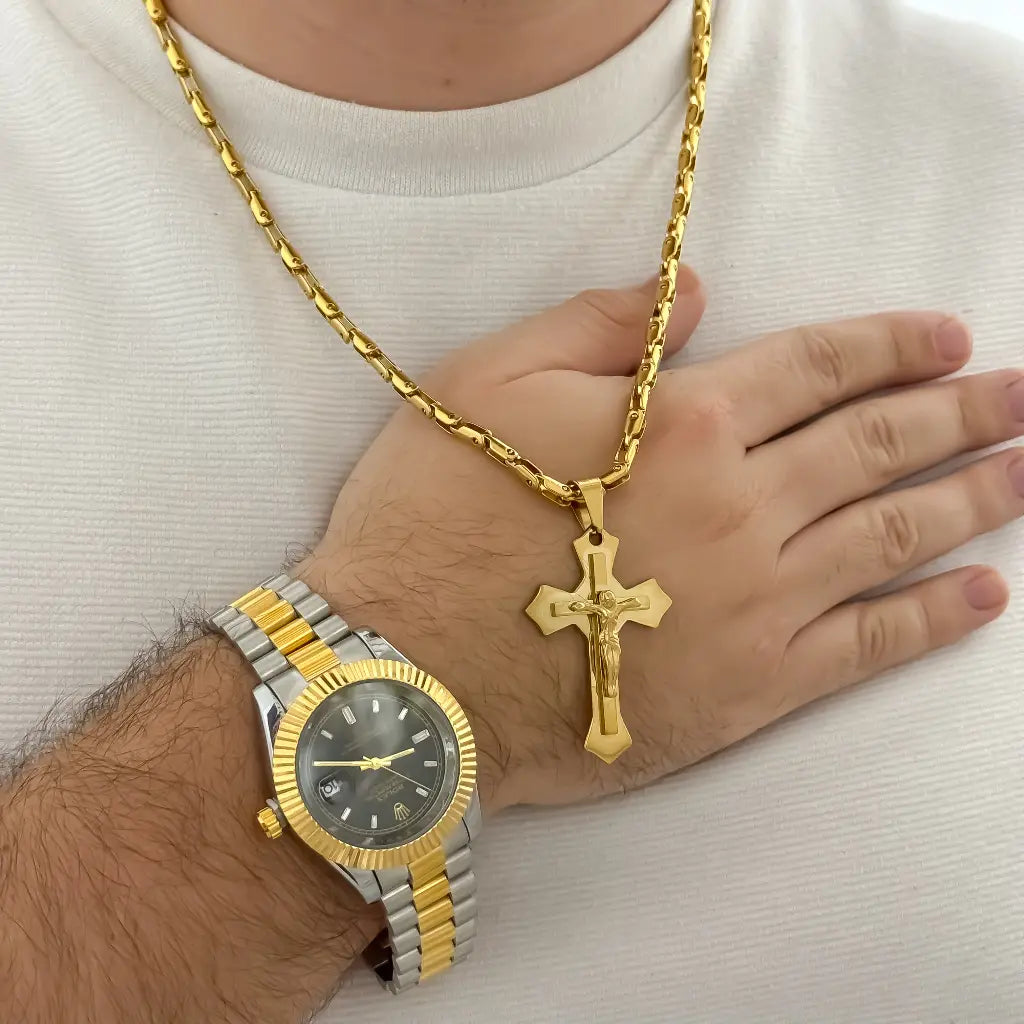 Cadena Tejido Barbado Gruesa 60cm + Cruz Madero Grande en Oro Laminado 18k con Garantia de por vida + Reloj Rolex Replica 1.1 con Garantia
