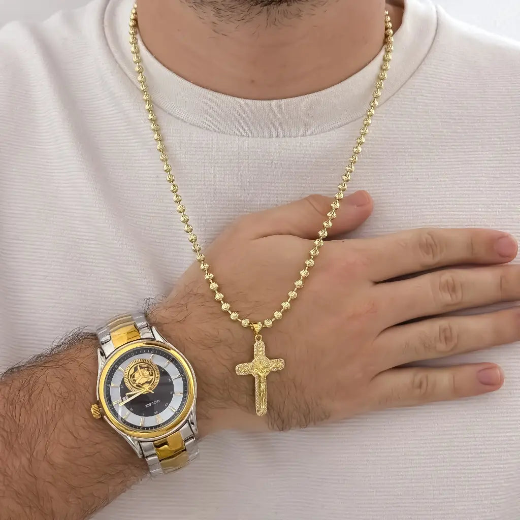 Cadena Tejido Militar Diamantada de 60cm de 4mm de Grosor + Cruz Cristo San Benito Proteccion + Reloj Rolex de Alta Calidad con Garantia