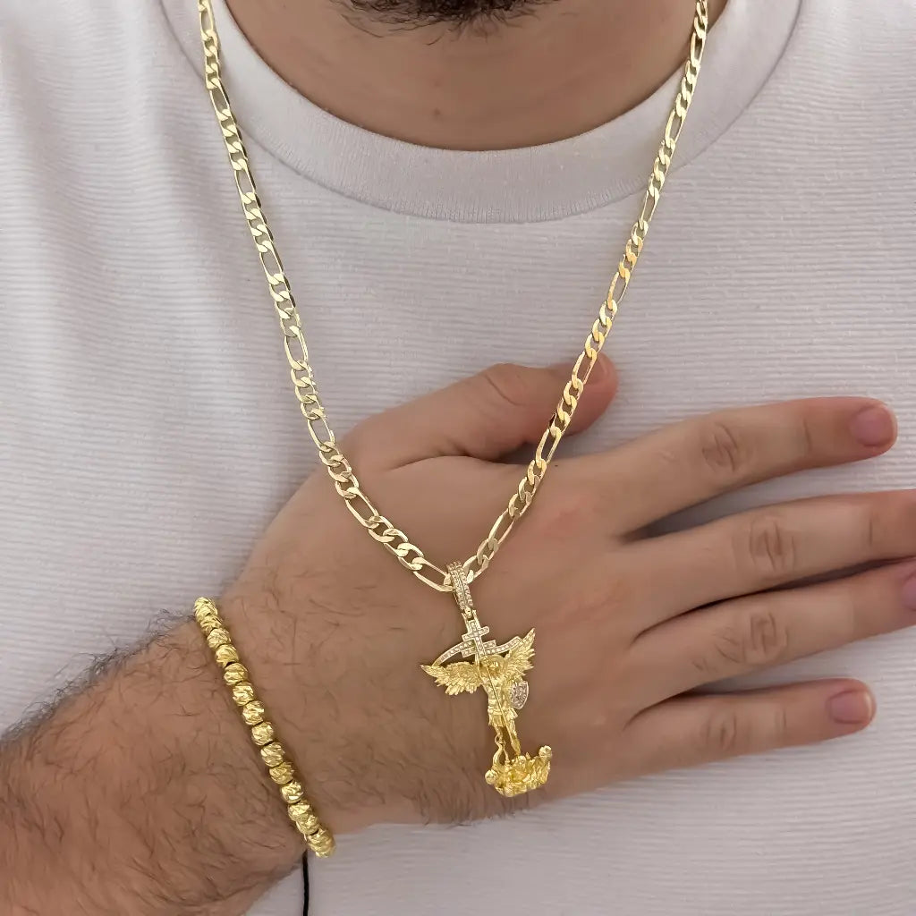 Cadena Tejido Catier de 60cm de 5mm de Grosor + San Miguel Arcángel Protección + Pulseras full balines de 5mm de Grosor en Oro Laminado 18k con Garantia de por vida