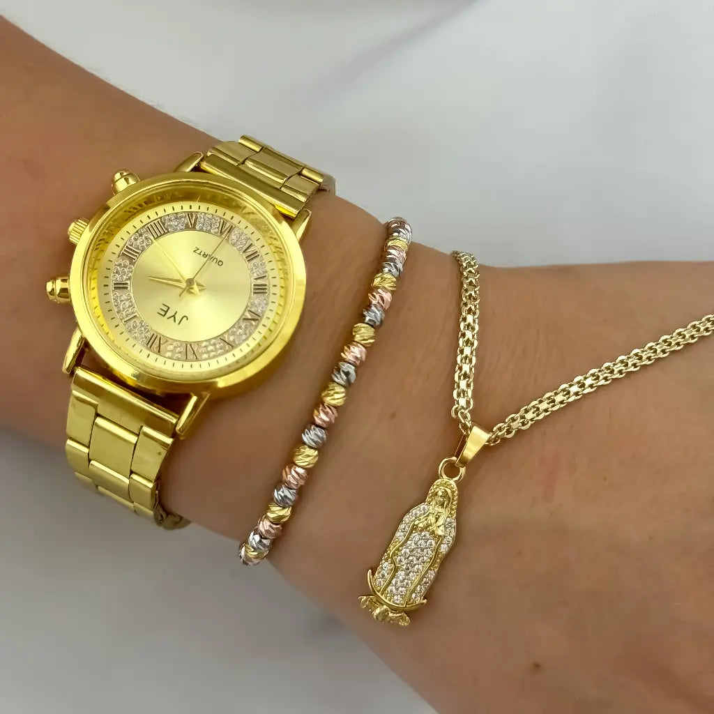 Juego de Cadena Tejido chino 45cm + Virgen Guadalupe Pulseras de 3 oros en Oro Laminado 18k + Reloj JYS CON garantia de por vida
