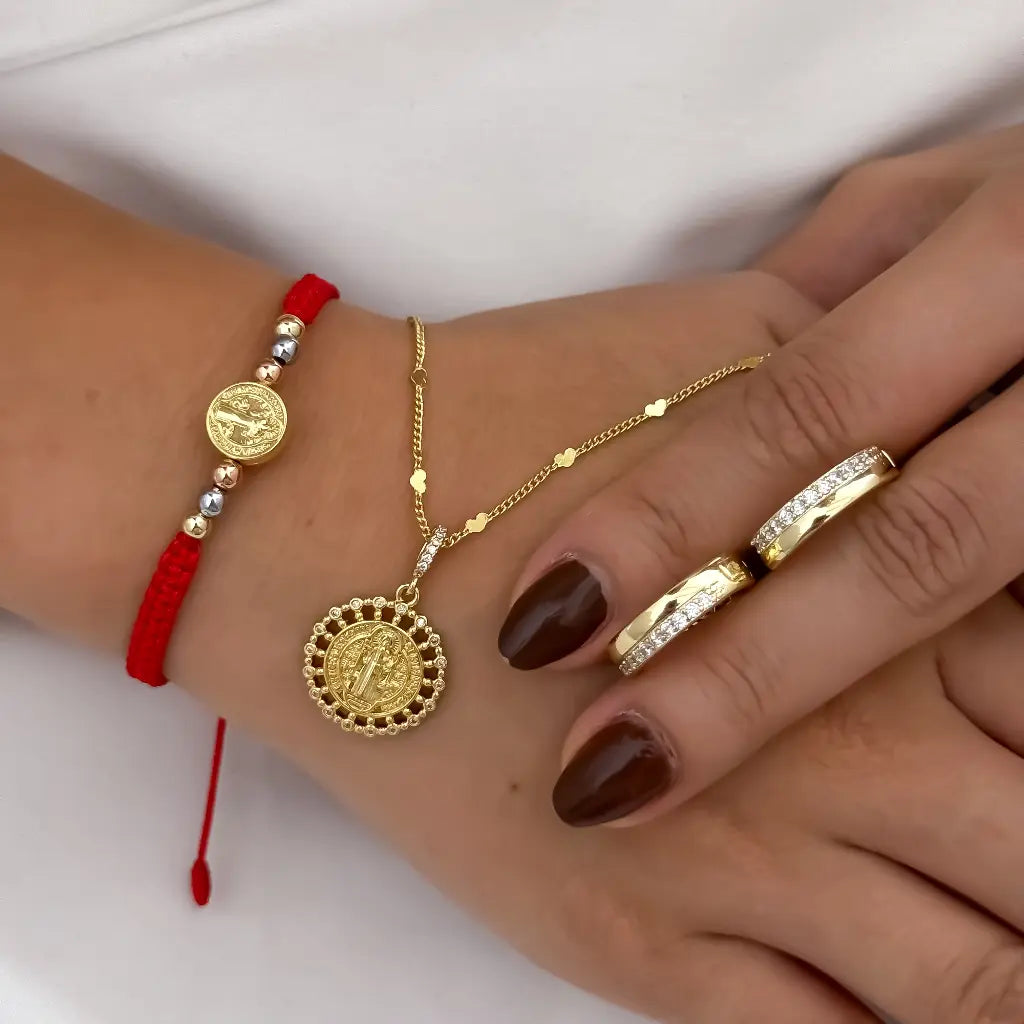 Juego de Cadena Cubana Corazon + Amuleto de San Benito Protección + Pulsera de 3 oros con Herraje de San Benito + Candongas con micro circones en Oro Laminado 18k con Garantia de por vida