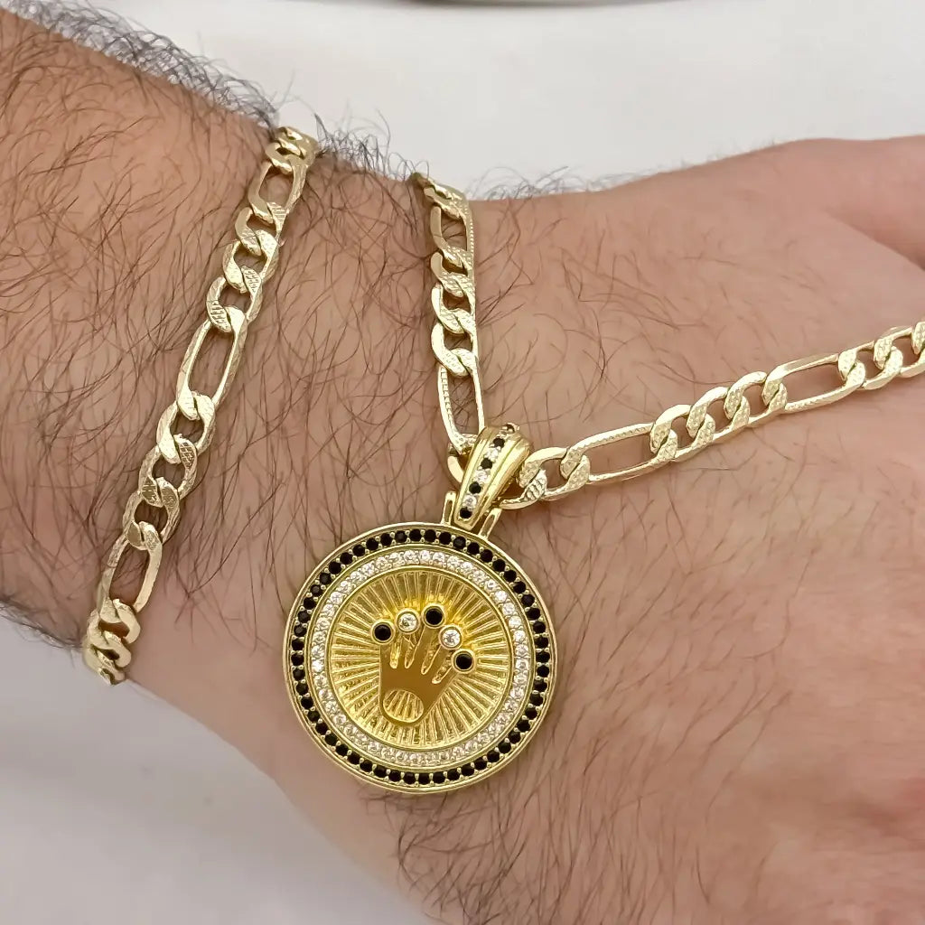 Conjunto Para hombre en Cadena tejido Catier de 60cm de 5mm de Grosor + Dije de Corona con micro circones Verde + Pulseras de 20cm de 5mm de Grosor en Oro Laminado 18k con Garantia de por vida