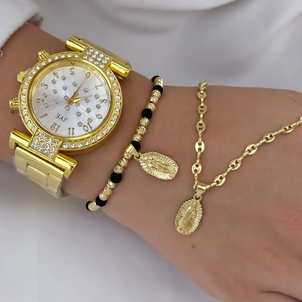 Cadena Tejido Gucci de Dama de 45cm de 3mm de Grosor + Virgen de Guadalupe Tallada + Pulsera Virgen de Guadalupe en Oro Laminado 18k con Garantia de por vida + Reloj de Dama de alta calidad