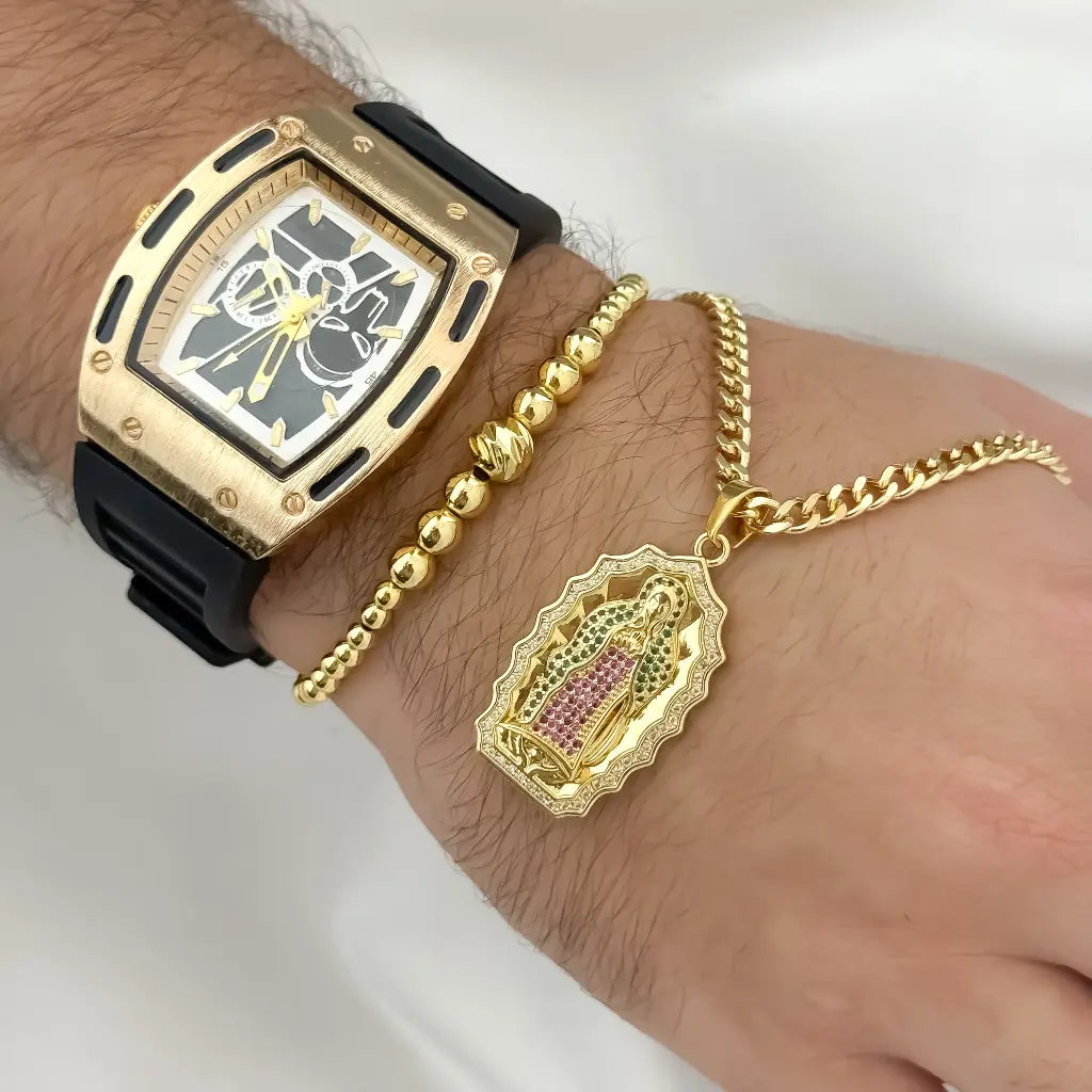 Conjunto de Cadena Cubana + Virgen Guadalupe + Pulsera Full Balines en Oro Laminado 18k con Garantia de por vida + Reloj Richar Mille