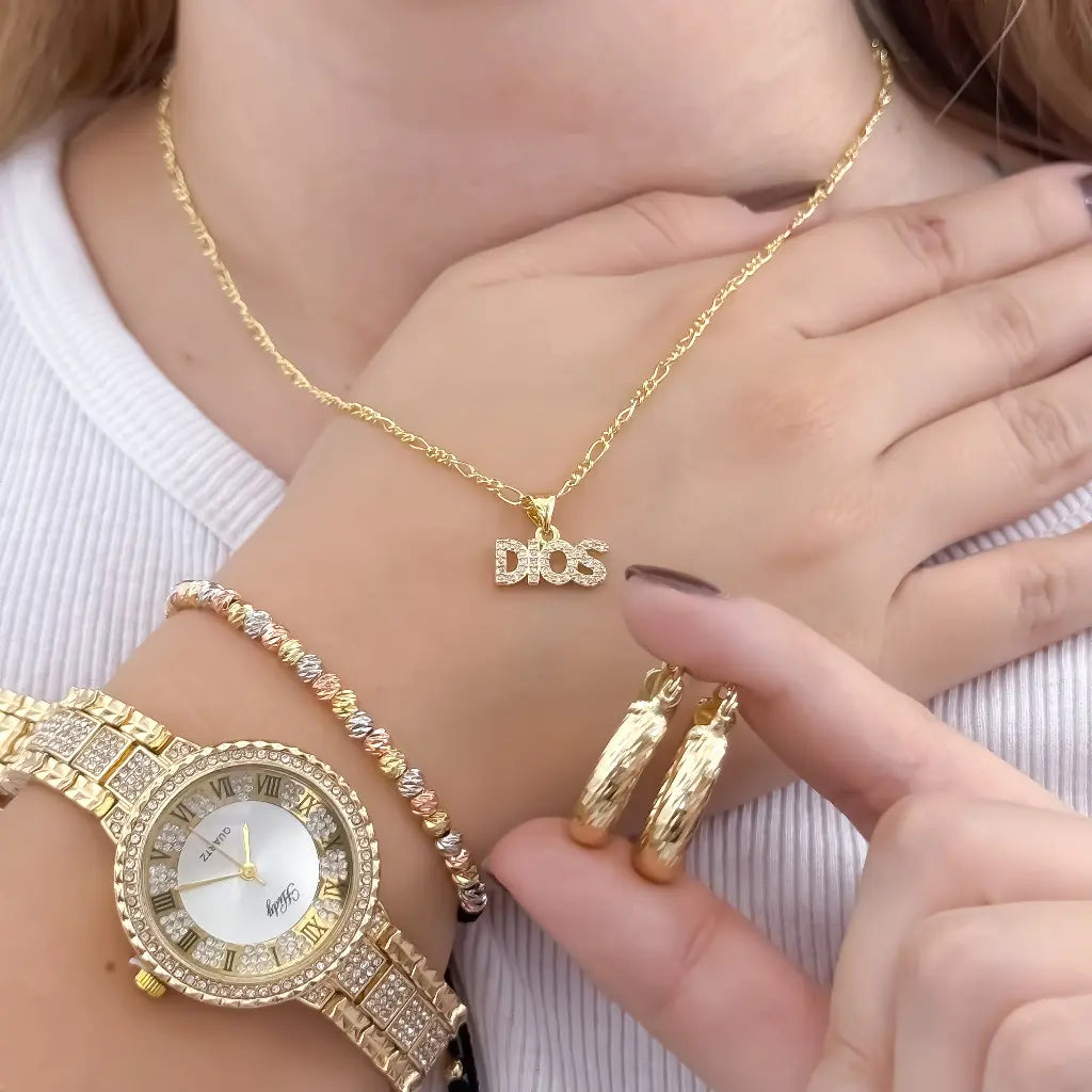 Cadena Tejido Catier de Dama de 45cm + Dije de Dios + Candongas Medina Lisas + Pulsera de 4mm Balin Italaino en Oro Laminado 18k + Reloj Hifter con micro circones con Garantia