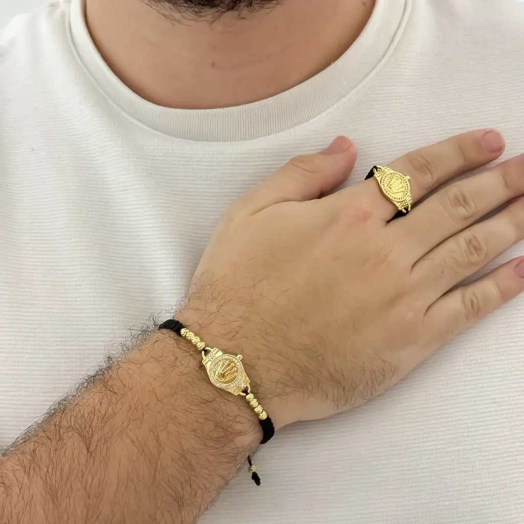Juego de Pulsera Balin italaino con Dije de corona Rolex + Anillo Tejido Corona Rolex en Oro Laminado 18k con Garantia de por vida