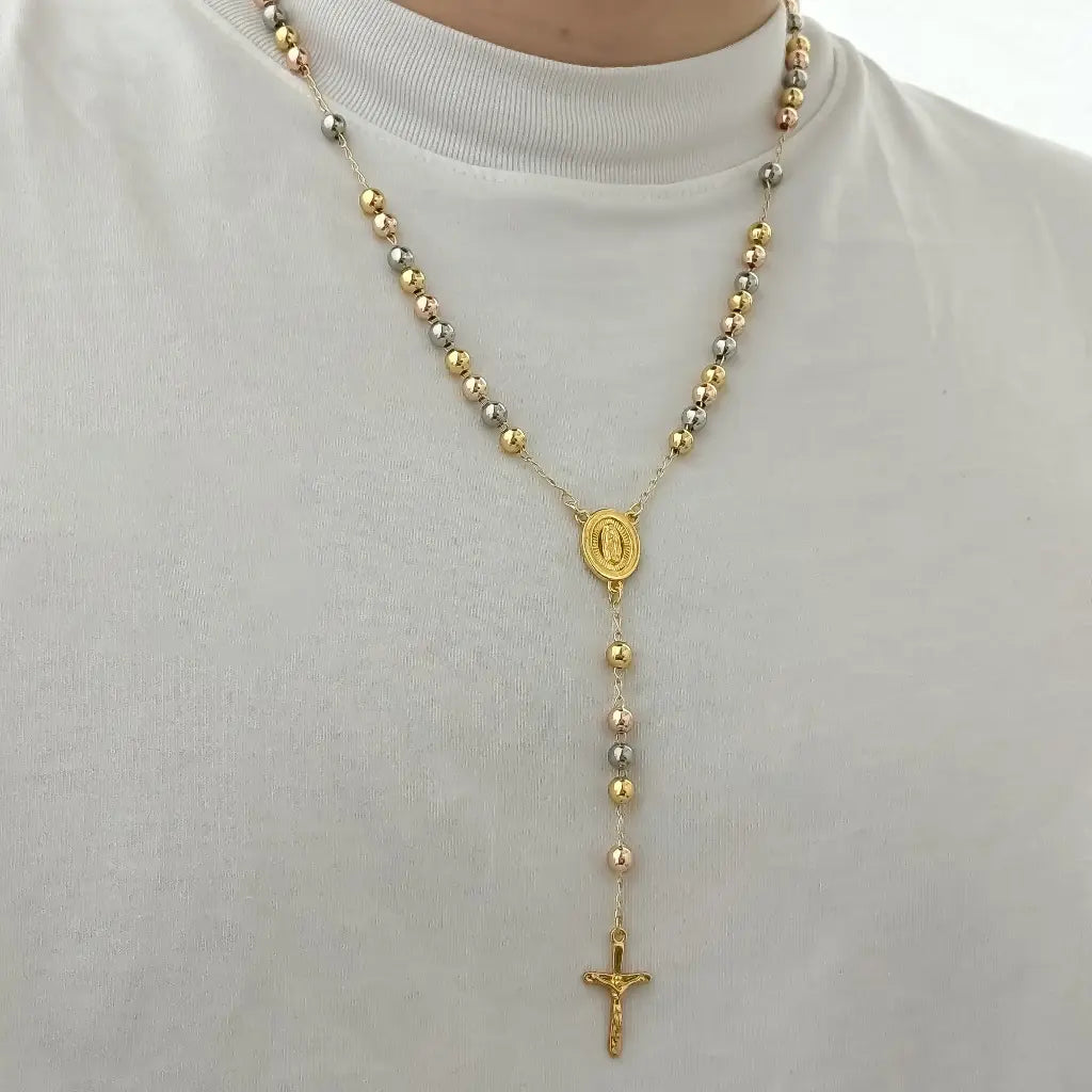 CAMANDULA DE VIRGEN DE GUADALUPE DE 3 OROS 65CM BALIN 7MM EN BAÑO DE ORO DE 18K CON GARANTIA